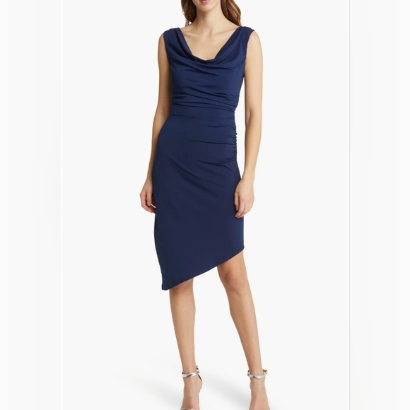 Sam Edelman Cowl Neck Ruched Jersey Midi Dress | Size LARGE Navy Blue - Picture 11 of 15